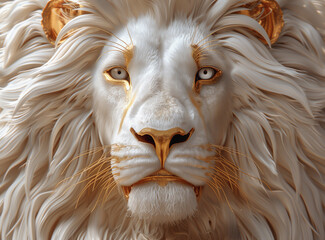 Majestic lion statue with golden mane basking in the sunlight.
