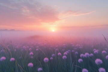 Naklejka premium serene misty meadow at dawn with swaying grasses soft pastel hues paint the sky as gentle breeze creates ripples through the field capturing a moment of zenlike tranquility in nature