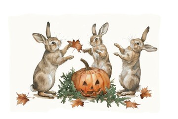 Bunnies celebrate Halloween pumpkin