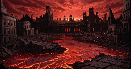 lava river to gothic castle with molten magma under a blood red sky with rock stone and brimstone in hell. city of the damned in the inferno.
