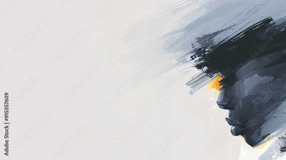 Poster an evocative and artistic side profile sketch of a person created using abstract paint. the heavy br