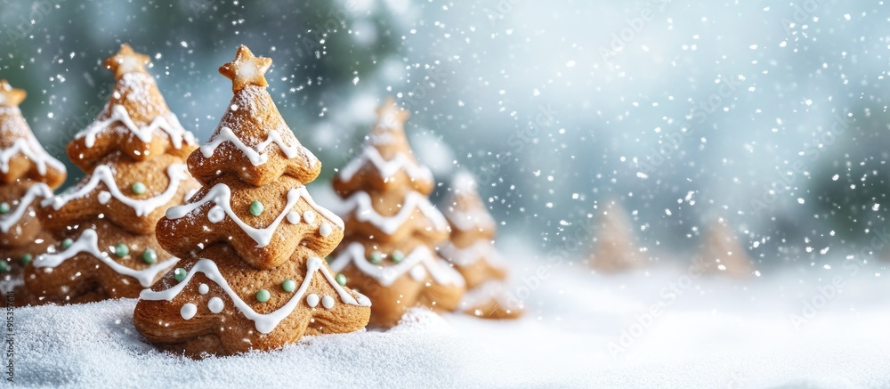Poster christmas greeting card featuring homemade gingerbread trees in the snow with copy space for your me