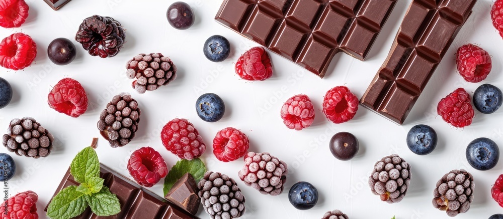 Aufkleber Chocolate bars topped with freeze dried berries on a white background viewed from above Area for text. with copy space image. Place for adding text or design