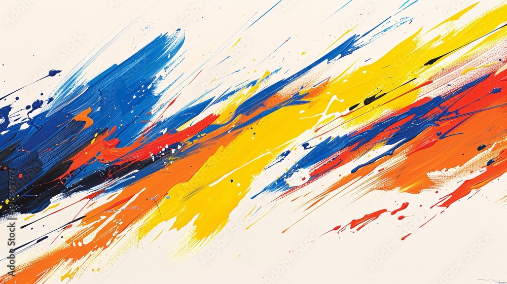 Poster the painting presents a dynamic array of abstract splashes in vibrant hues of blue, yellow, and red.