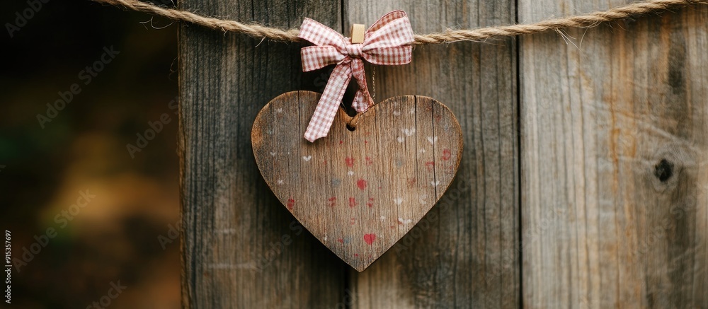 Poster wooden heart ornament with ribbons suspended on a clothesline against an aged wooden backdrop. with 