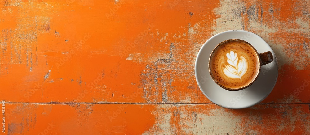 Fototapete Coffee on a distressed wooden background with a light orange hue. with copy space image. Place for adding text or design