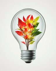 Eco-friendly lightbulb with vibrant leaves symbolizing renewable energy and growth.
