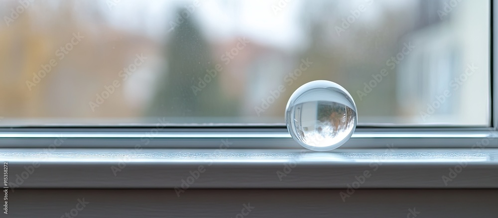 Leinwandbilder selective focus on a small ball underneath glass on the windowsill. with copy space image. place for