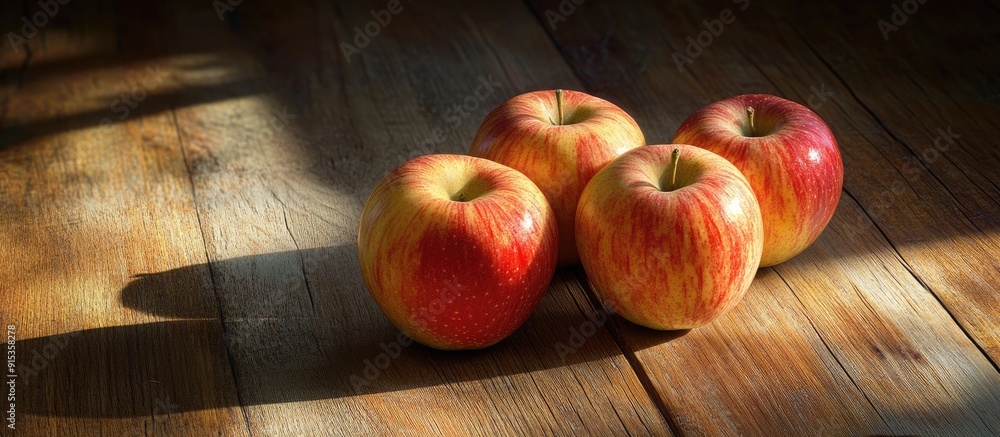 Poster three royal gala english apples on a wooden surface two apples positioned above one apple copyspace 