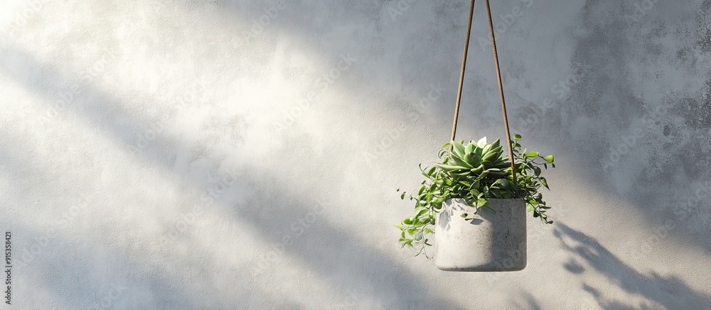 Aufkleber a hanging planter with a succulent on a white concrete wall. with copy space image. place for adding
