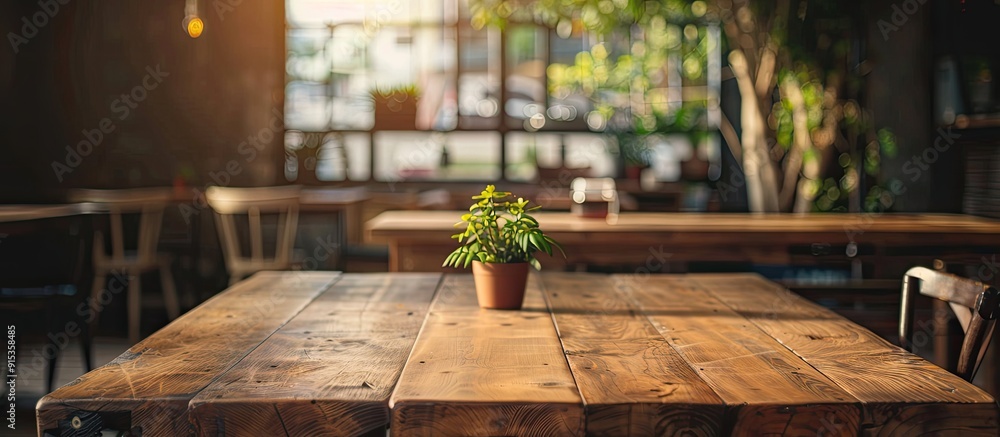 Aufkleber Chosen focus on an empty brown wooden table with a blurred background of a coffee shop featuring a bokeh effect intended for product display montage. with copy space image