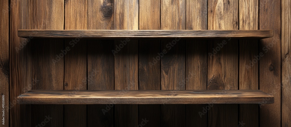Poster Empty wooden shelves against a backdrop of a wooden wall. with copy space image. Place for adding text or design
