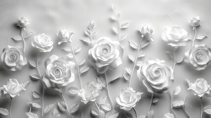 An abstract 3D floral pattern of monochrome roses, bordered and with ample copy space, ideal for a clean, modern background