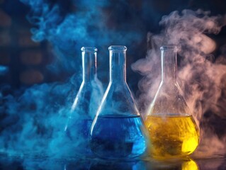 Colorful Chemistry Experiment with Smoky Effects in Lab Beakers