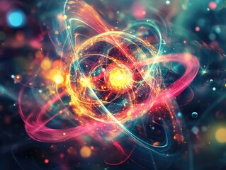 Abstract Visualization of a Glowing Atom with Vibrant Colors and Energy Effects in Motion