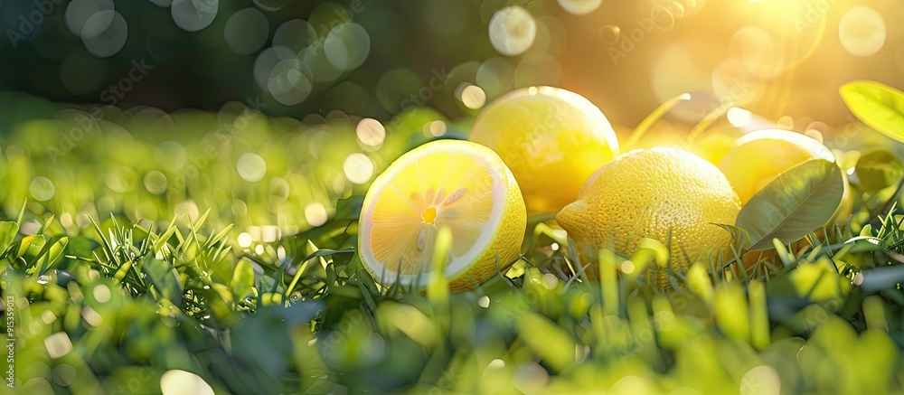Fototapete fresh lemon on green grass. with copy space image. place for adding text or design