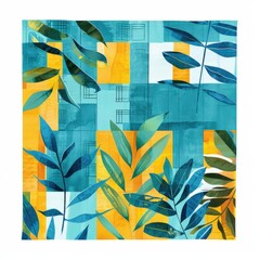 Abstract Collage of Yellow, Blue, and Green Leaves