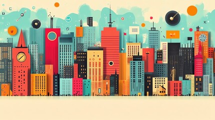 Colorful cityscape illustration with geometric shapes and abstract elements.