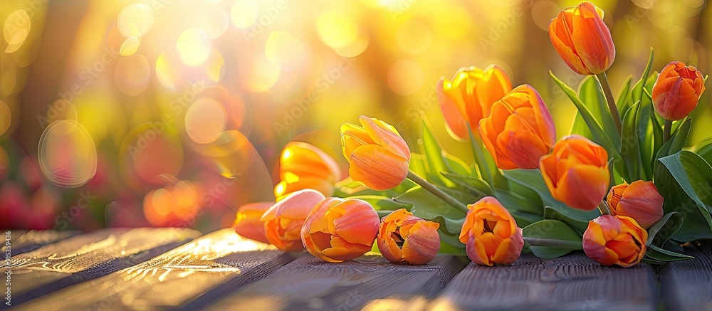 Aufkleber bright yellow and orange tulips in sunlight set against a wooden background. with copy space image. 