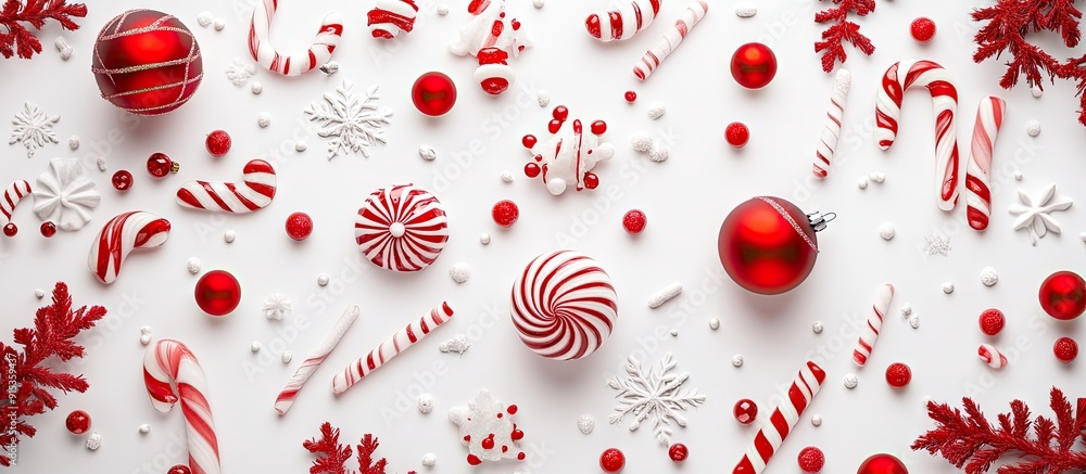 Poster christmas ornaments baubles and red candies on a white background holiday decoration greeting card t
