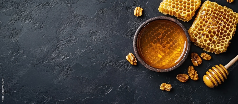 Poster fresh honey for dessert bowl of honey honeycomb and nuts on a black table top view copyspace