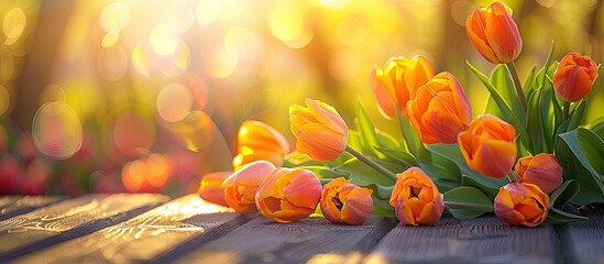 Bright yellow and orange tulips in sunlight set against a wooden background. with copy space image. Place for adding text or design