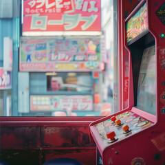Vintage arcade game machine in a retro-styled room with soft lighting
