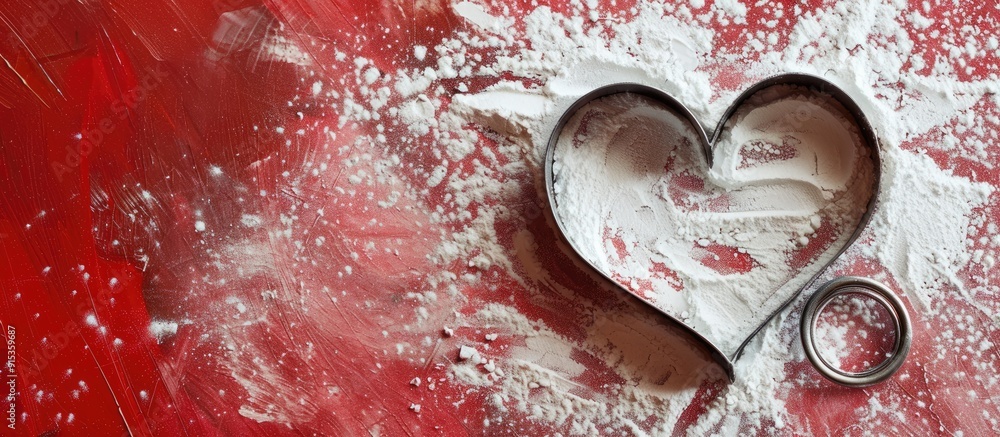 Poster elevated view of a heart shaped cookie cutter on red powder. with copy space image. Place for adding text or design