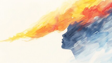A striking watercolour artwork showcasing a human profile with fiery orange and cool blue colors merging dynamically, symbolizing a blend of intense emotions and tranquility.