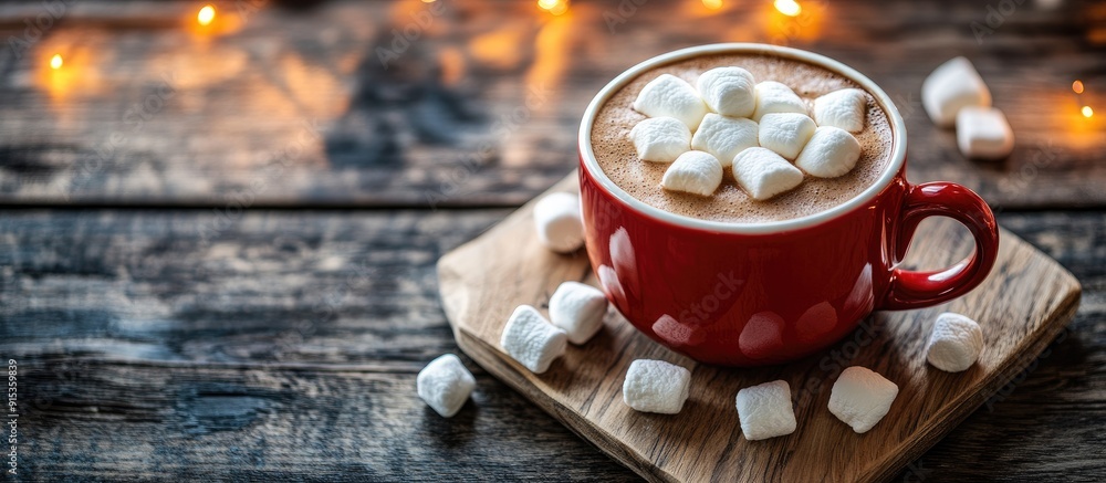 Poster Cup of coffee with a marshmallow on a red wooden surface. with copy space image. Place for adding text or design