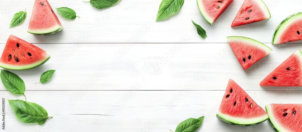 Fototapete watermelon slices on a white wooden background. with copy space image. place for adding text or desi
