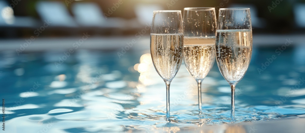Poster Champagne glasses in the pool. with copy space image. Place for adding text or design