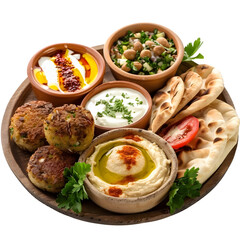 Lebanese Breakfast : Lebanese breakfast includes falafel, hummus, and pita bread, breakfast set, studio lighting, isolate on white background, photo, 4k