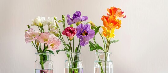 Attractive jar filled with liquid and eustoma flowers in the background. with copy space image. Place for adding text or design