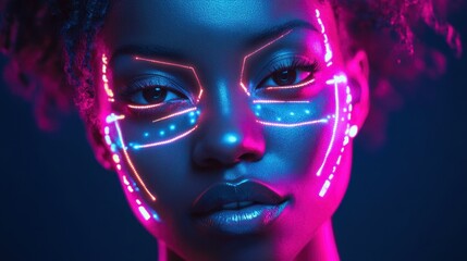 Young woman posing with neon lights bodypainting for a cyberpunk photoshoot