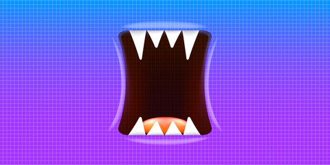 Fototapeta premium Vector Cartoon wide open monster mouth with fangs isolated on violet background. Funny and cute violet Halloween Monster open mouth with big white teeth and pink tongue