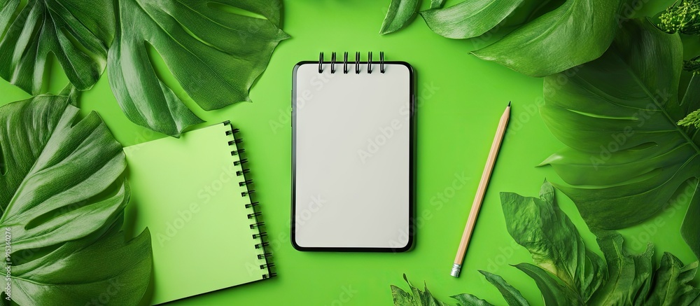 Poster Flat lay of green leaves a blank notepad a smartphone with a green screen mockup and a pencil Top view. with copy space image. Place for adding text or design