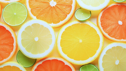 An assortment of sliced citrus fruits oranges, lemons, limes arranged in a playful pattern on a white background.