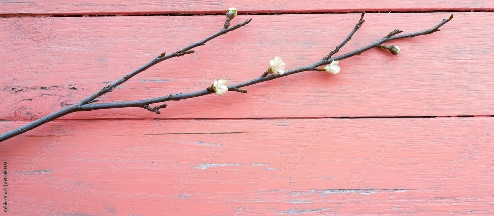 Poster a willow branch on a pink wooden surface. with copy space image. Place for adding text or design