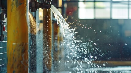 An action shot of an emergency shower being used during a safety drill, with water cascading down
