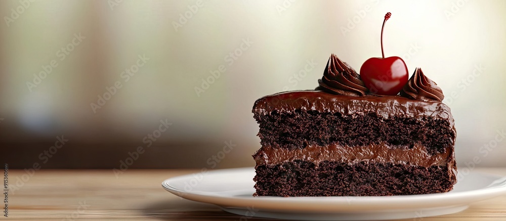 Poster taking a bite of a served slice of delectable chocolate brownie cake with a cherry. with copy space image. Place for adding text or design