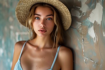 Woman in a blue swimsuit and hat. Model posing against a textured light background. For summer style, beach fashion, advertisement. Photograph, horizontal format.