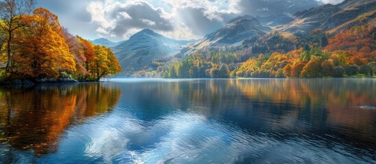 Fototapeta premium Beautiful image of the Lake District featuring vibrant autumn woodlands with mountain ranges in the background. with copy space image. Place for adding text or design