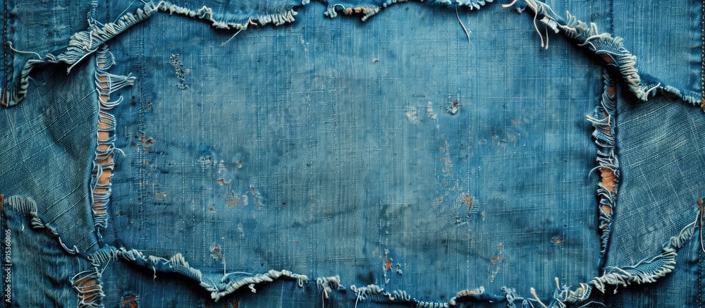 Poster blue old denim background featuring a torn patch in the center used as a backdrop. with copy space image. Place for adding text or design
