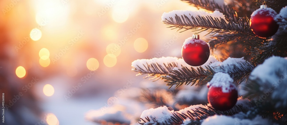 Aufkleber Christmas red balls on a pine tree adorned with fresh snow during a beautiful winter sunset. with copy space image. Place for adding text or design