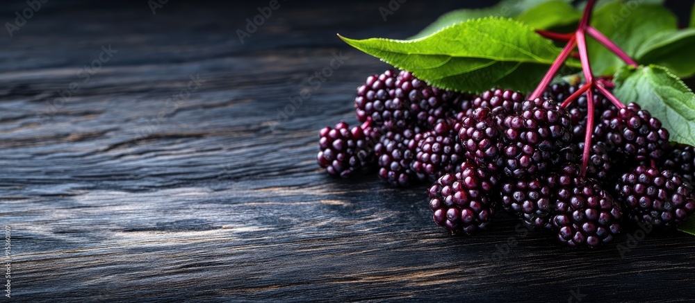 Aufkleber a cluster of elderberry fruits on a black wooden table. with copy space image. place for adding text