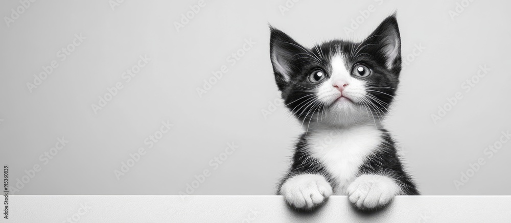 Poster a black and white kitten with a humorous little face. with copy space image. Place for adding text or design