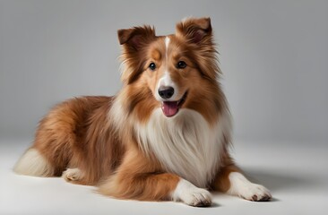 Smiling shetland sheepdog lying down