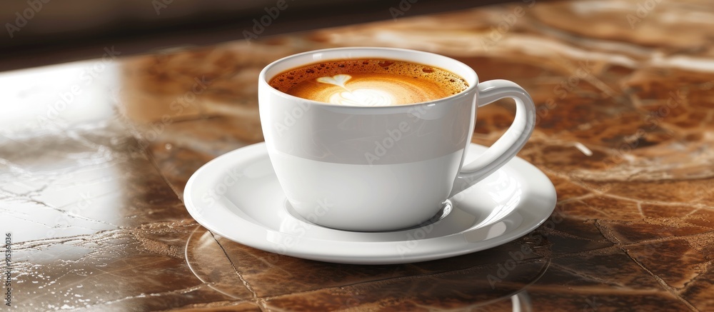 Poster a coffee cup on a saucer placed on a table a mug resting on a saucer seamless texture. with copy space image. Place for adding text or design