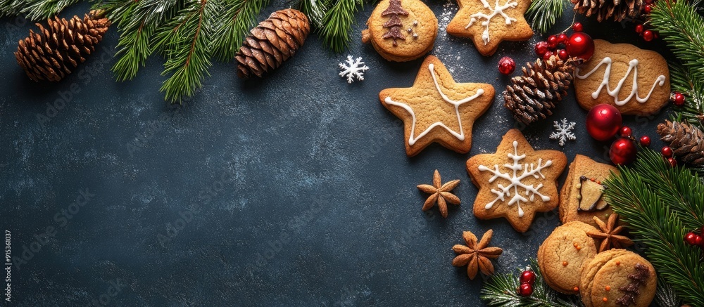 Poster christmas baking theme a selection of cookies fir tree branches and decorations top view copy space